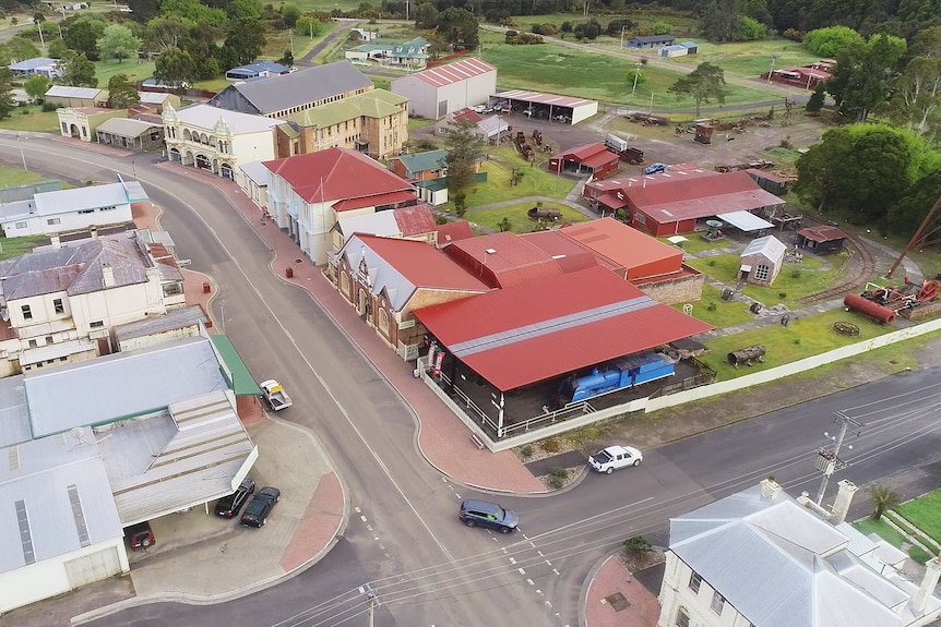 Main street of Zeehan viewed from the air via drone.