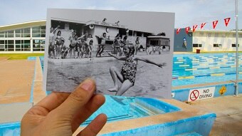 A photo of a girl jumping into a pool is held against a modern background of the pool.