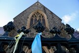 Ribbons outside St Patrick's in Ballarat, in support of survivors and victims of child sex abuse.