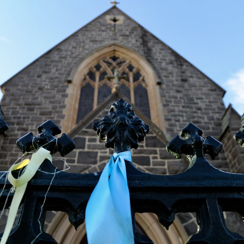 Ribbons outside St Patrick's in Ballarat, in support of survivors and victims of child sex abuse.