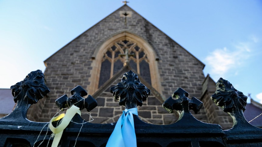 Ribbons outside St Patrick's in Ballarat, in support of survivors and victims of child sex abuse.