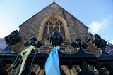 Ribbons outside St Patrick's in Ballarat, in support of survivors and victims of child sex abuse.