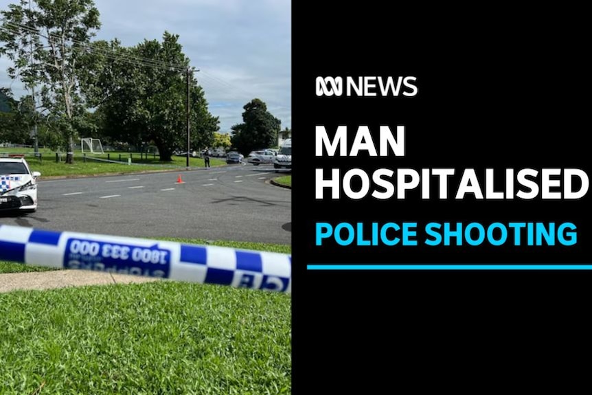 Man Hospitalised, Police Shooting: Police tape across a grassy area by a roadside.