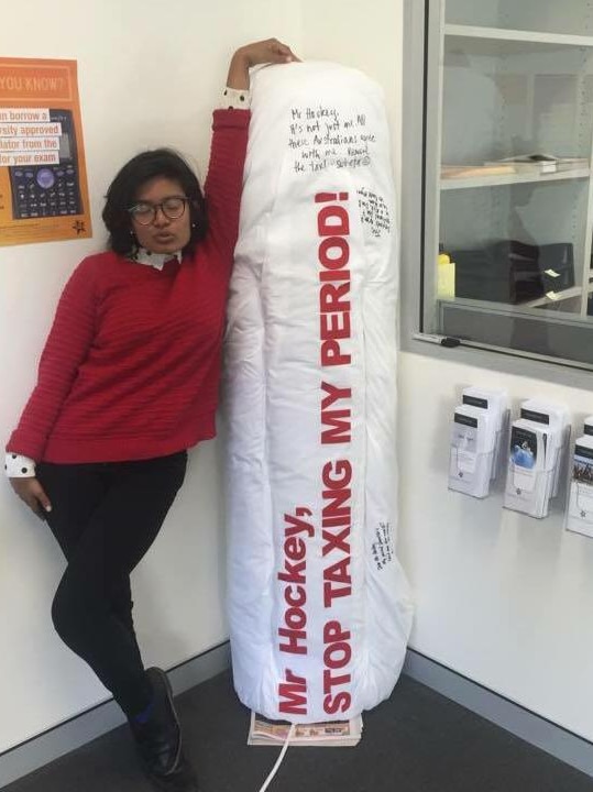 Subeta Vimalarajah poses with the giant get up tampon