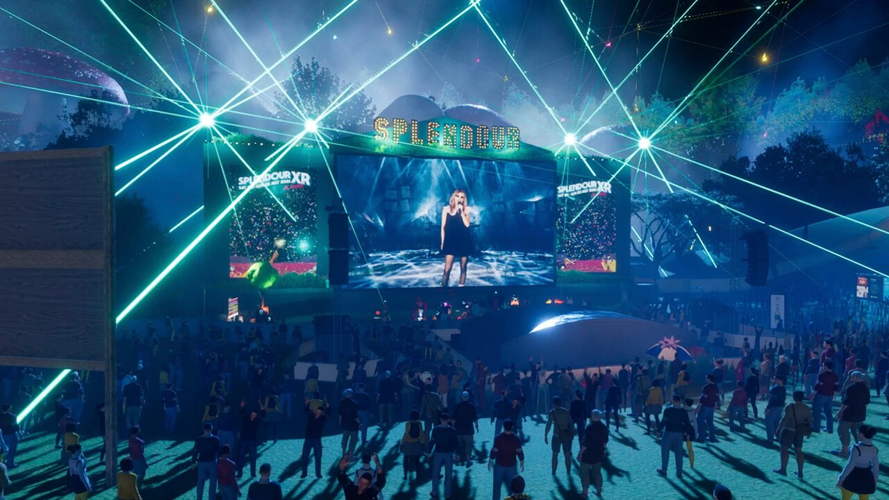 Lauren Mayberry from CHVRCHES performs on the big screen at Splendour XR