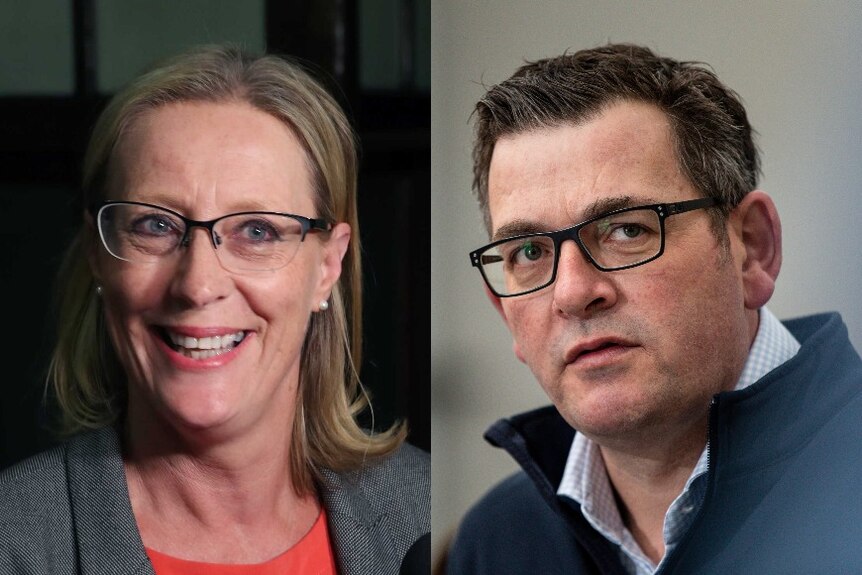 A composite picture with portraits of MP Cindy McLeish and Premier Daniel Andrews.