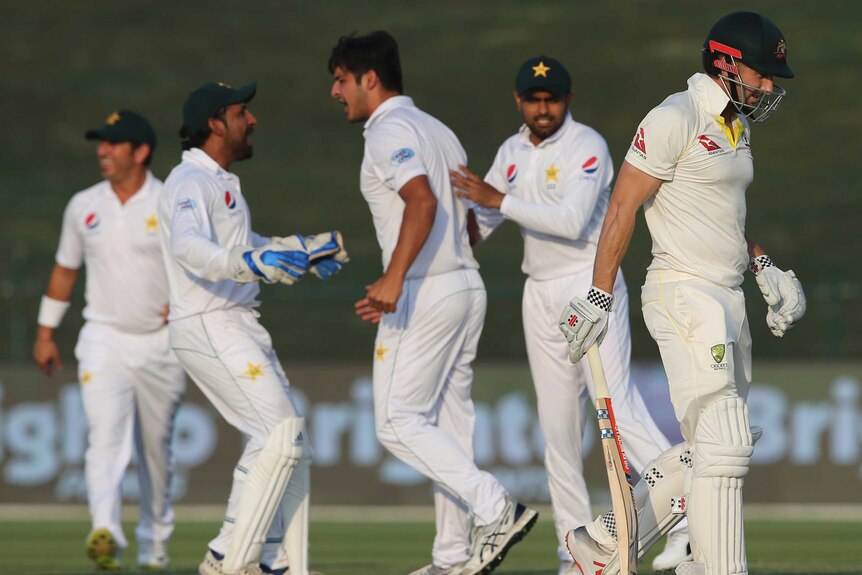 Pakistan's Mir Hamza celebrates after he bowled Australia's Shaun Marsh during the second Test in Abu Dhabi.