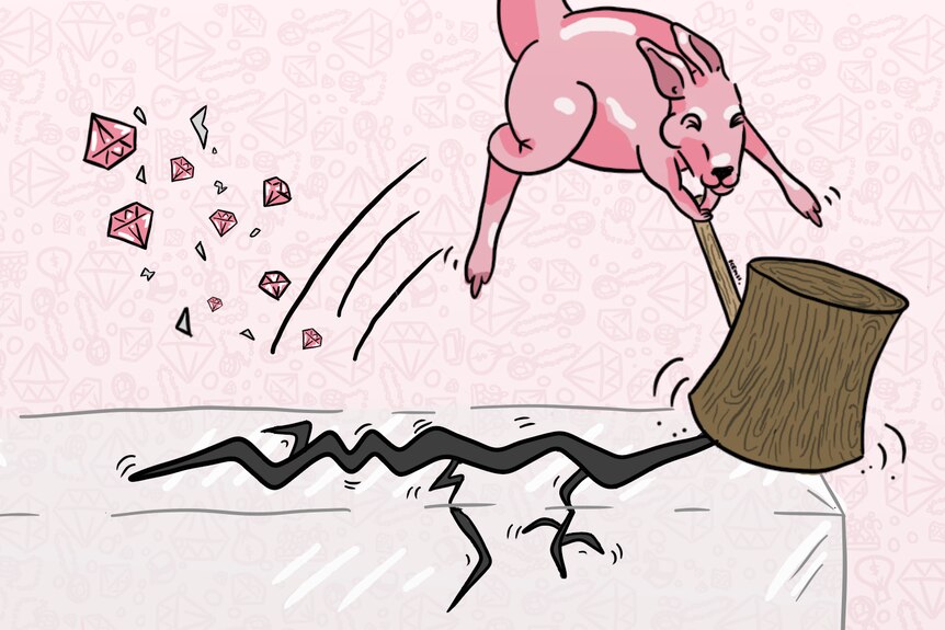 An illustration of a pink kangaroo with diamonds in the backgorund.