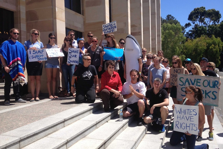 Protest against tougher shark control policy at WA's Parliament House.