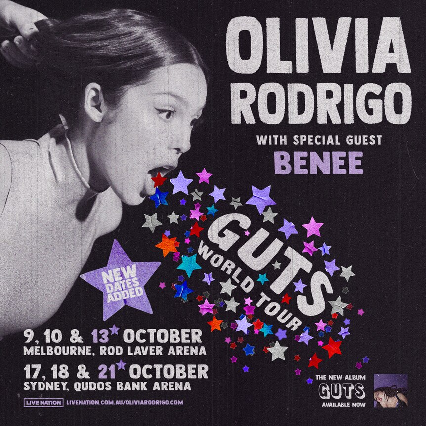 Olivia Rodrigo is vomiting colourful stars on a black background with white and purple text detailing her tour