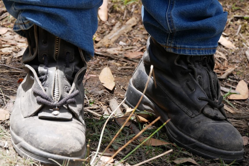 Simon Scharf wears the boots he had on during the 1998 Linton bushfire when he shares his experiences to train others.