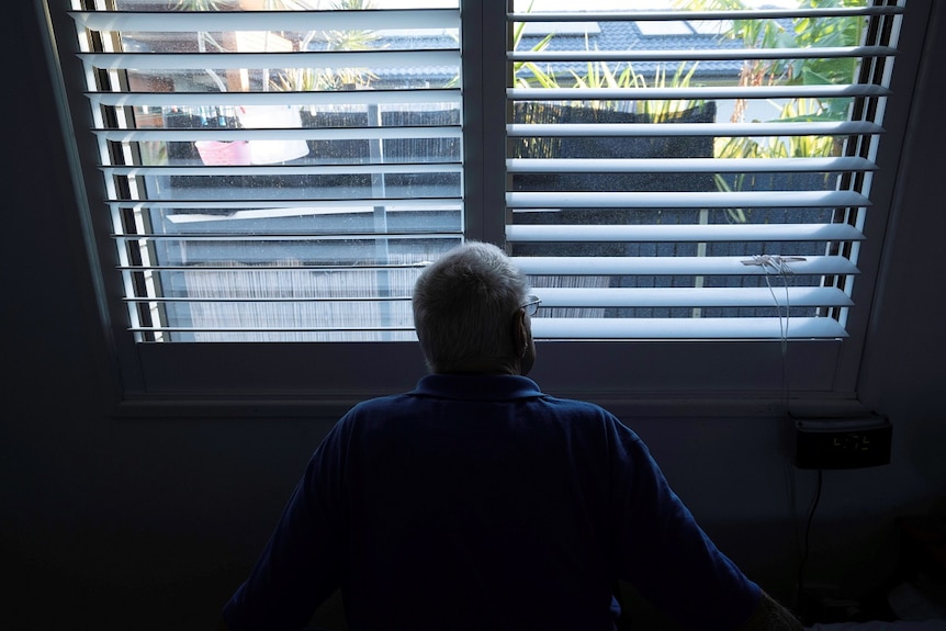 A man looks out a window