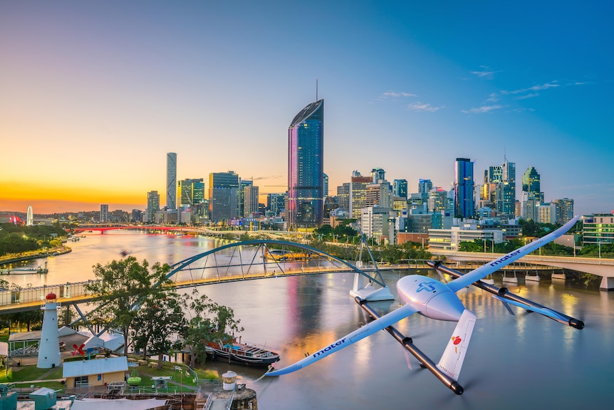 A drone flies over the brisbane river.