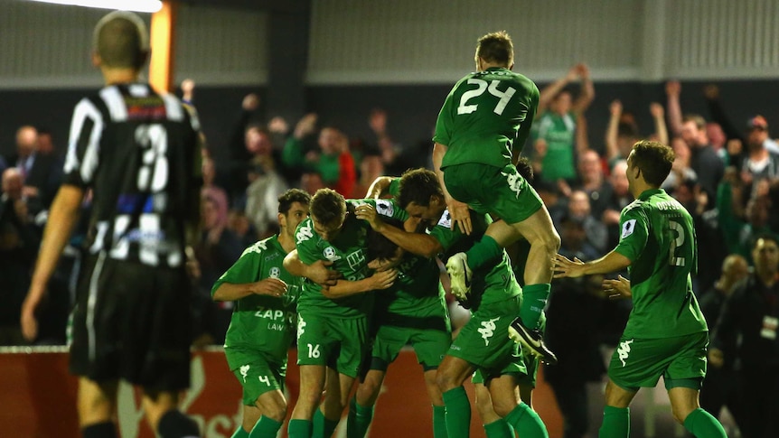 Wayne Wallace and Bentleigh Greens celebrate a goal in the FFA Cup