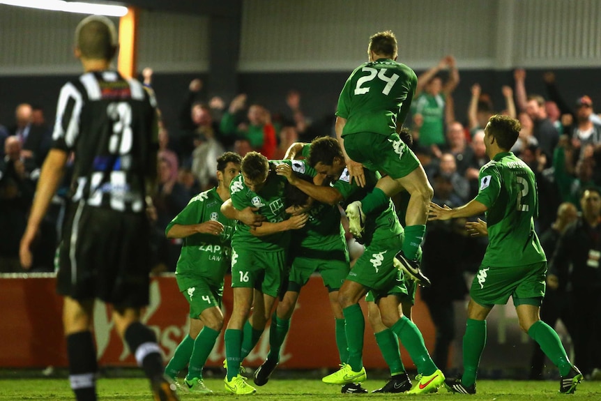 Bentleigh Greens' Wayne Wallace celebrates a goal in the FFA Cup against Adelaide City.