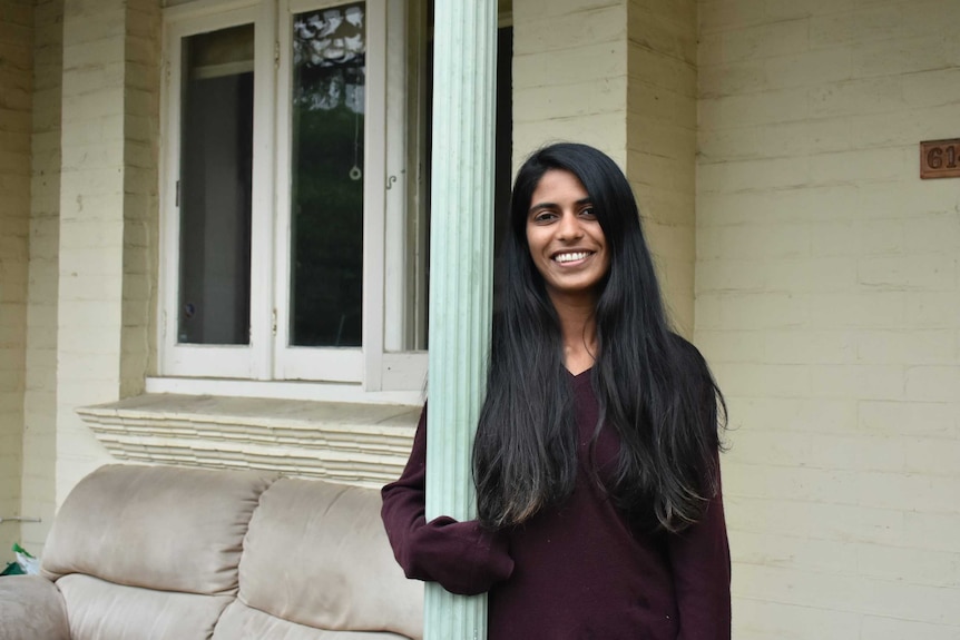 Aasha Sriram out the front of her Melbourne home.