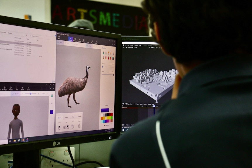 A student sits in front of a computer screen with an animation of an emu on the screen.