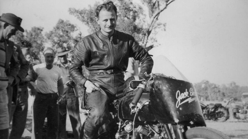 Motorcyclist Jack Ehret with his Vincent Black Lightning bike.