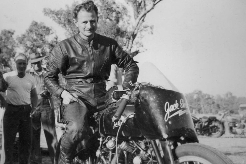 Motorcyclist Jack Ehret with his Vincent Black Lightning bike.
