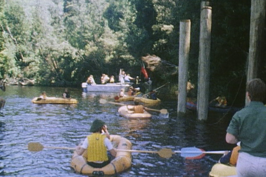 Protesters rafted the Gordon River in 1982 to stop the Franklin Dam project.