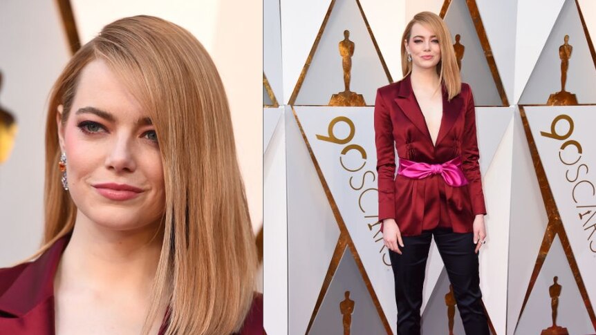 Actress Emma Stone opted for a maroon and pink pantsuit combination on the red carpet.