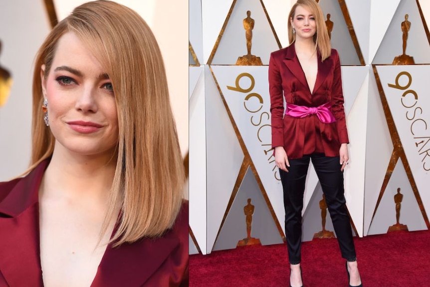 Actress Emma Stone opted for a maroon and pink pantsuit combination on the red carpet.