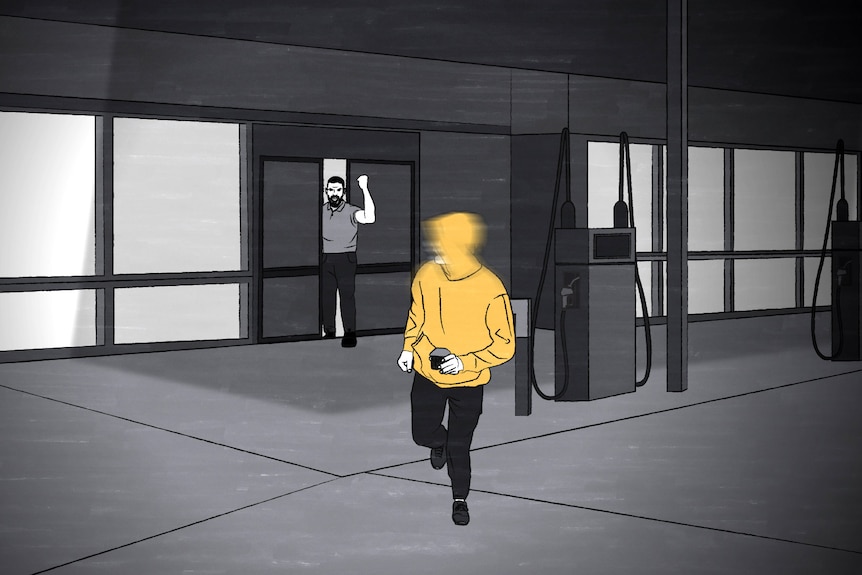 Illustration of boy wearing yellow jumper running out of service station with stolen muffin.