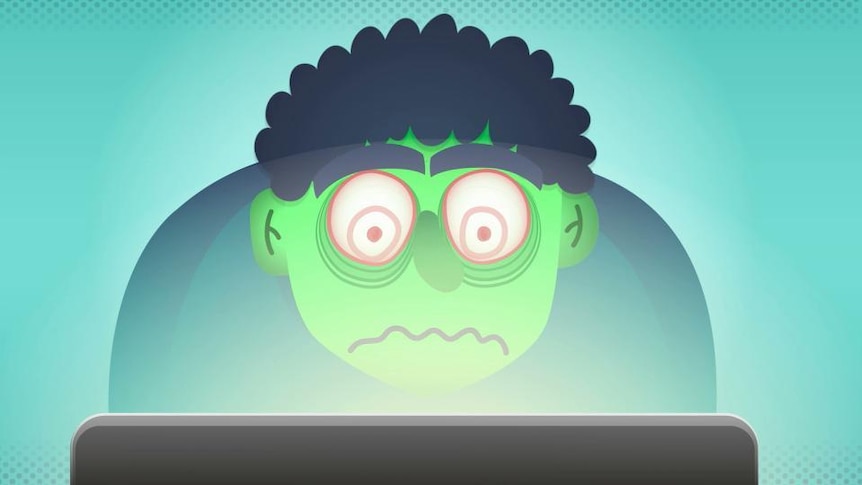 Graphic image of man staring at computer with really tired zombie-like eyes