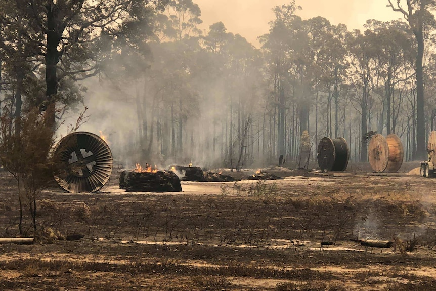 Trees and structures burning in bushland.