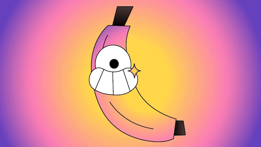 Illustration of a smiling banana depicting overcoming imposter syndrome and self-doubt issues.