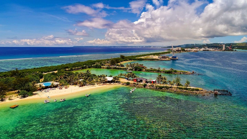 Aerial shot of Guam harbour and beaches.