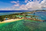 Aerial shot of Guam harbour and beaches.