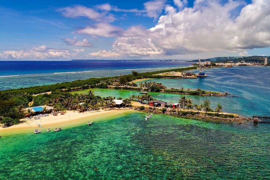 Aerial shot of Guam harbour and beaches.