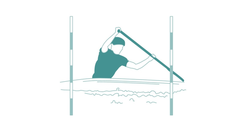 A green cartoon image of a person kayaking