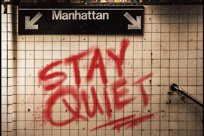 A subway entrance with a Manhattan sign has STAY QUIET spray painted in red on it