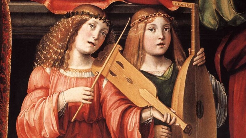 Painting of two women with wooden stringed instruments