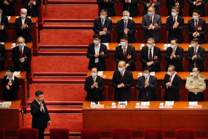 The parliamentary benches are lined with people wearing masks. Mr Xi, standing in front of them, does not