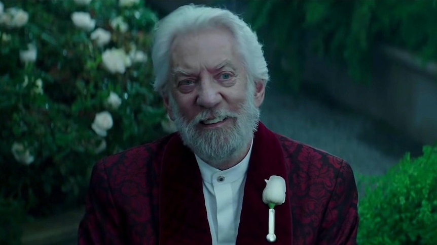 An older man with grey hair and a beard smiles in a white rose garden, with a flower lapelled to his red rose-printed suit.