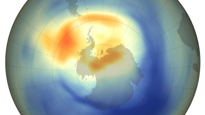 Computer generated image of the globe focused on Antarctica - only a small patch of yellow representing the ozone hole