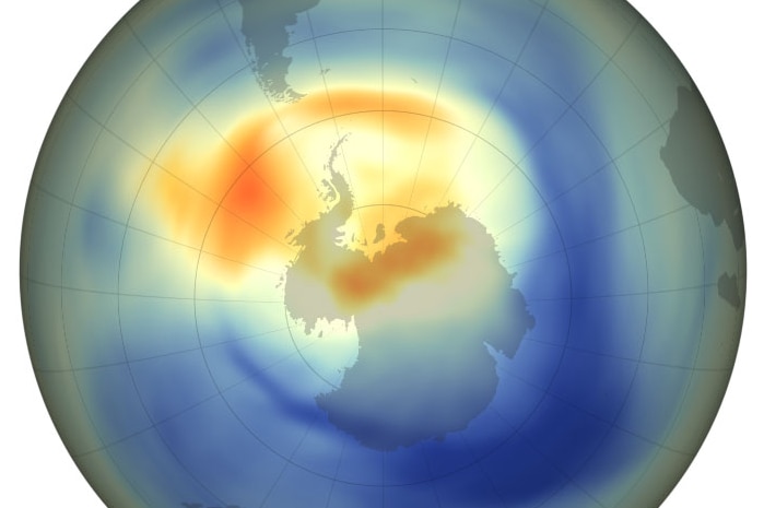 Computer generated image of the globe focused on Antarctica - only a small patch of yellow representing the ozone hole