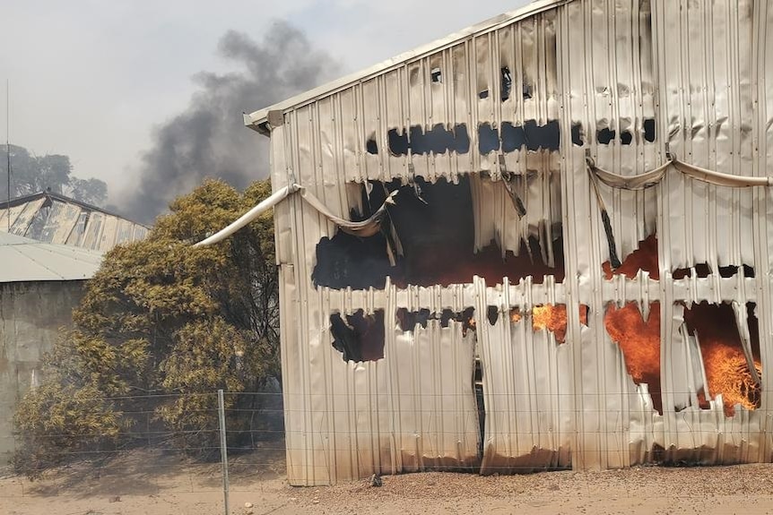 A farm shed is devoured from within by a raging fire.