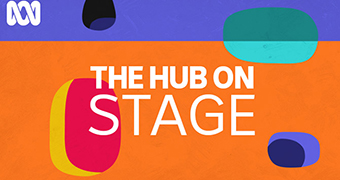 Text saying The Hub on Stage is embossed on a mid-century style background of purple, orange, aqua, magenta and yellow.