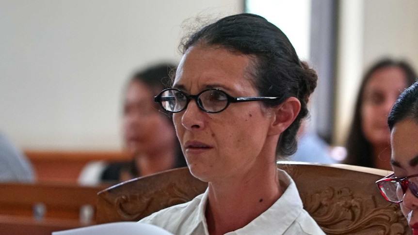 Close up of Sara Connor wearing glasses during her court appearance in Bali.