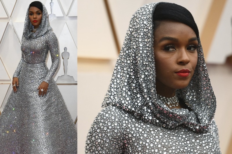 A composite image of Janelle Monae wearing a silver long-sleeved dress with a hood.
