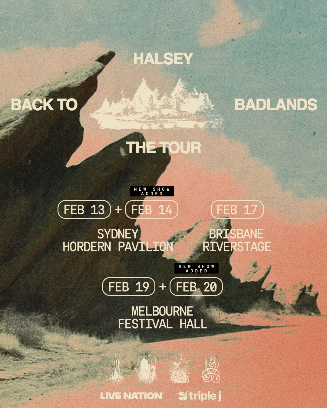A tour poster for Halsey's Back to Badlands tour, against the artwork from the 2015 album