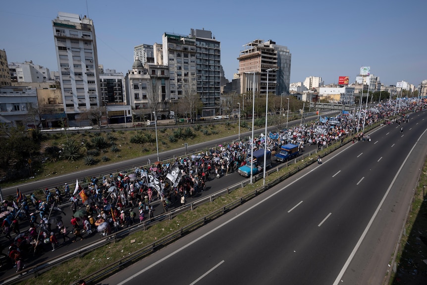 Una enorme corona de personas marcha por una autopista de tres carriles ondeando pancartas y banderas.