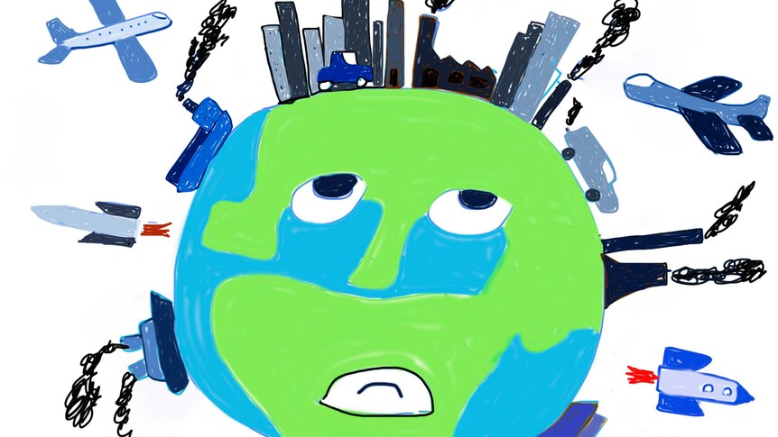 Children's painting of overstressed planet earth