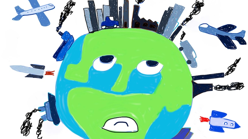 Children's painting of overstressed planet earth