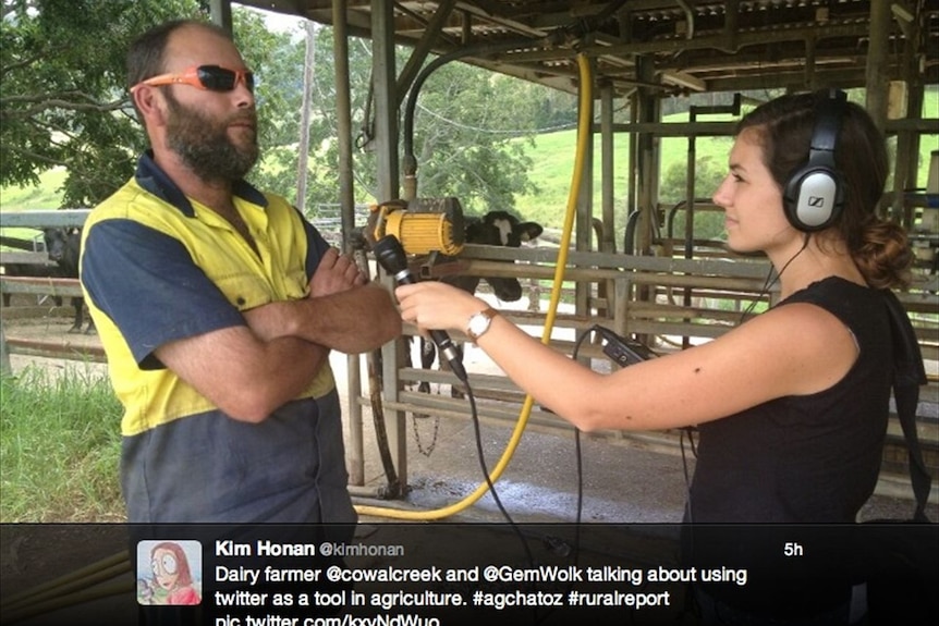 Tweeted! Photo of Gemma Wolk interviewing NSW dairy farmer Richard Wallace about his use of Twitter