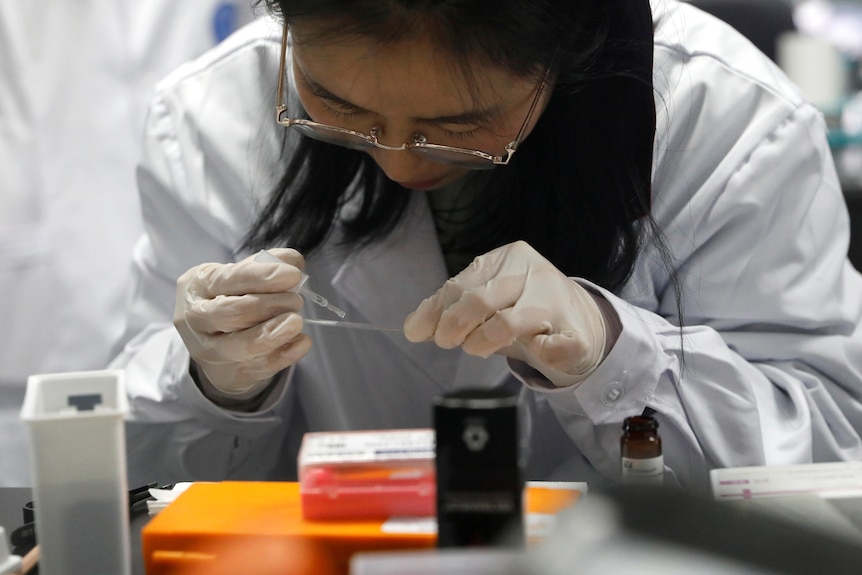 A doctor performs a scientific procedure at the Chinese Academy of Sciences in Beijing.